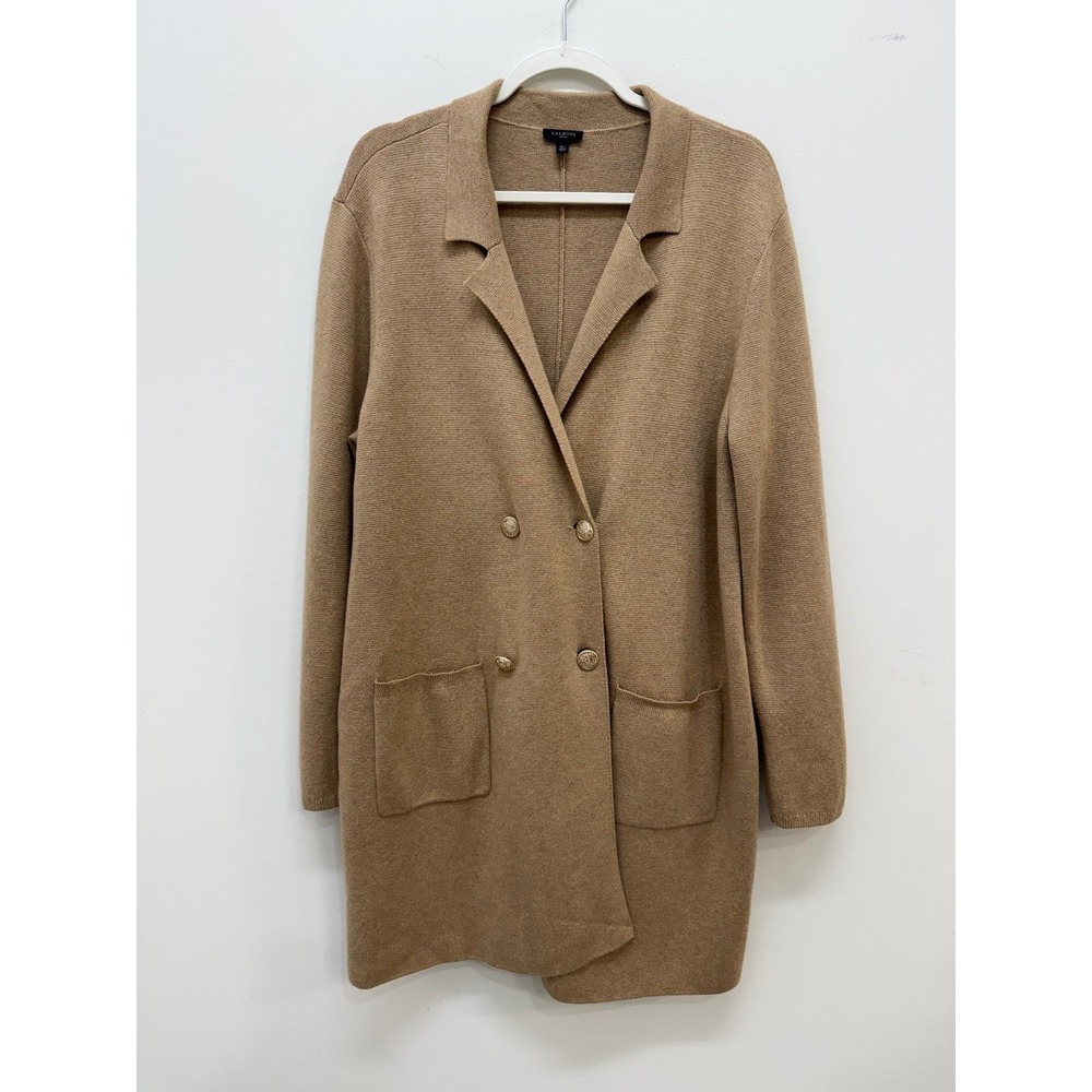 Talbots Cardigan Blazer XLP Camel Tan Double Breasted Knit Longline Old Money